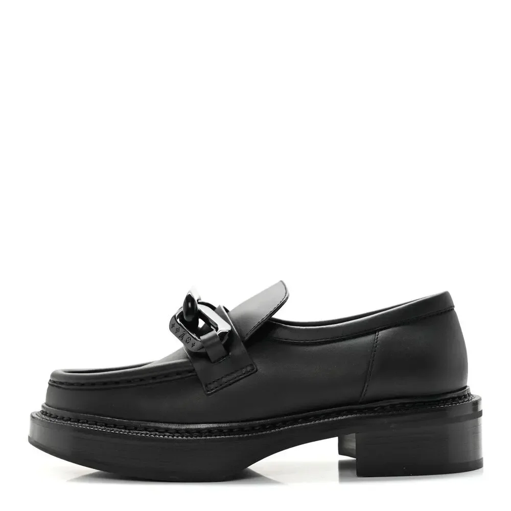 Louis Vuitton NIB Academy Black Calfskin Oversized LV Chain Loafers 37